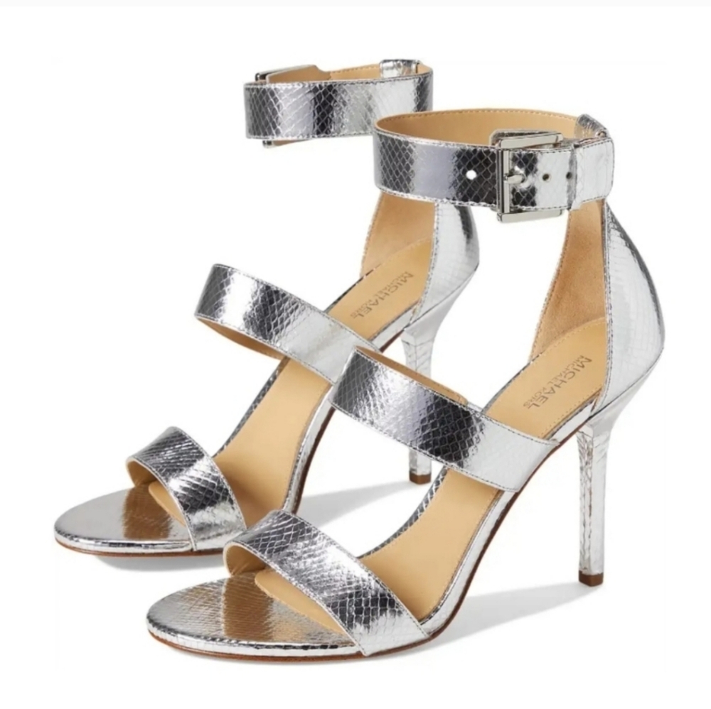 New MICHAEL Michael Kors AmalSandals Stiletto Heels Silver size 10
